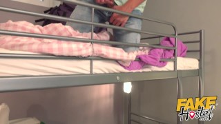 Fake Hostel Bouncy big tits and MILF have threesome with guy