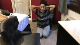 Black girl has wrists zip-tied, and is ballgagged before OTK spanking.