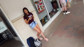 Candid voyeur incredible teen in shorts waiting so hot