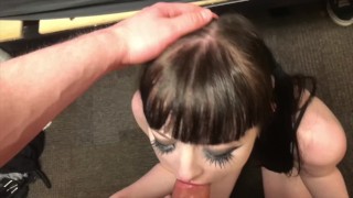 tiny goth teen chokes on a cock and gets slapped