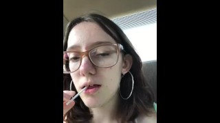 Teen girl sucks on lollipop like it’s a dick