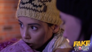 Fake Hostel Big latino ass and skinny brunette have strong orgasms