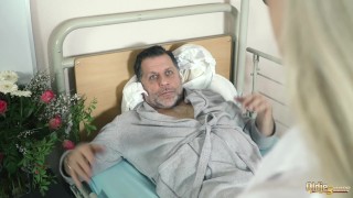 Teen nurses fuck old grandpa in a fake hospital bed and give sloppy blowjob